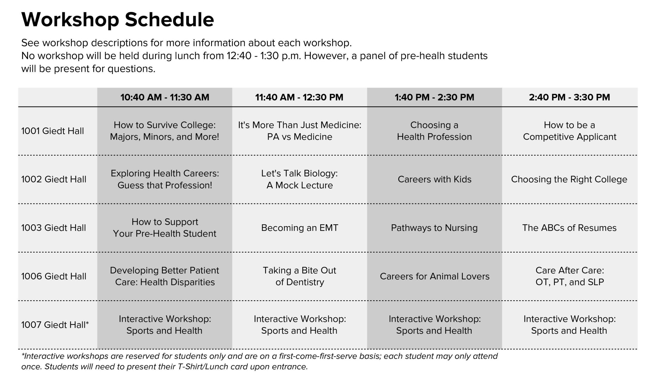 2018 Workshop Schedule